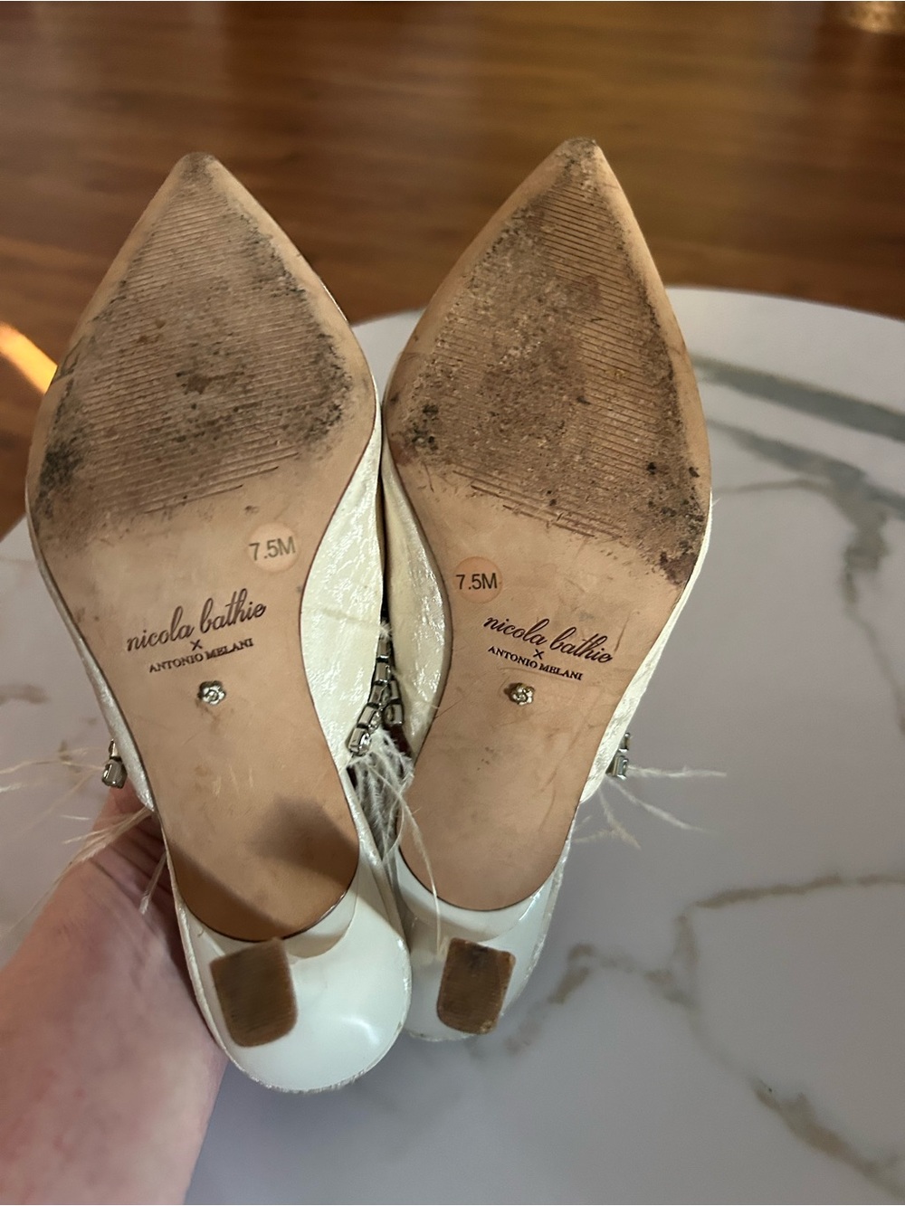 Nicola Bathie Ivory Satin Feather Trim Rhinestone Mules - Picture 3 of 4